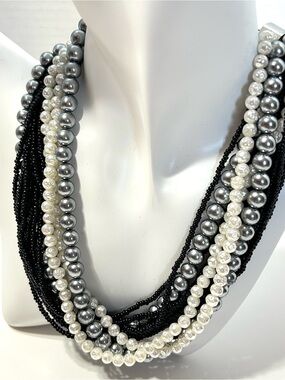 Vintage Black, White and Silver Multi-Strand Pearl & Seed Bead Necklace